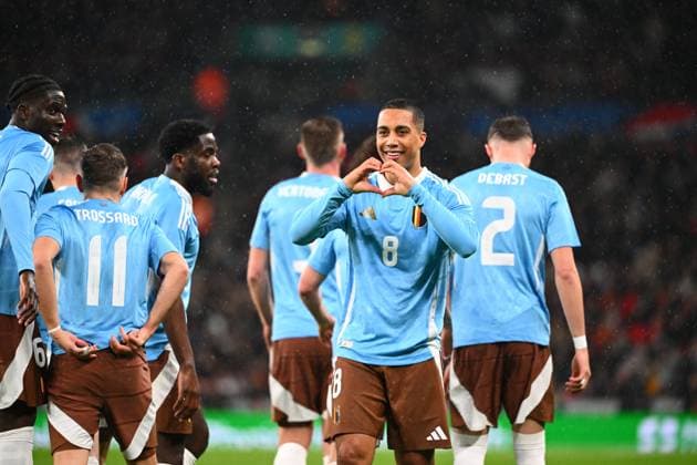 England v Belgium Friendly Match WEMBLEY LONDON, UNITED KINGDOM - MARCH 26 : Tielemans Youri midfielder of Belgium celebrating scoring a goal with teammates during the friendly game match between England and Belgium in preparation of the UEFA EURO, EM, Europameisterschaft,Fussball 2024 tournament on March 26, 2024 in Wembley London, United Kingdom, 26 03 2024 Wembley London United Kingdom  Copyright: xVincentxKalutx