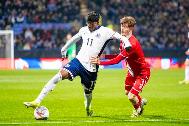 England v Luxembourg - UEFA U21, U 21 Euro 2025 Qualifier Noni Madueke 11 of England is being tackled by Fabio Lohei 3 of Luxembourg during the UEFA Under 21 Championship match between England Under 21s and Luxembourg at the Toughsheet Stadium in Bolton, England, on March 26, 2024. Bolton Greater Manchester United, ManU Kingdom  Copyright: xMIxNewsx originalFilename:fletcher-englandu240326_npM9w.jpg