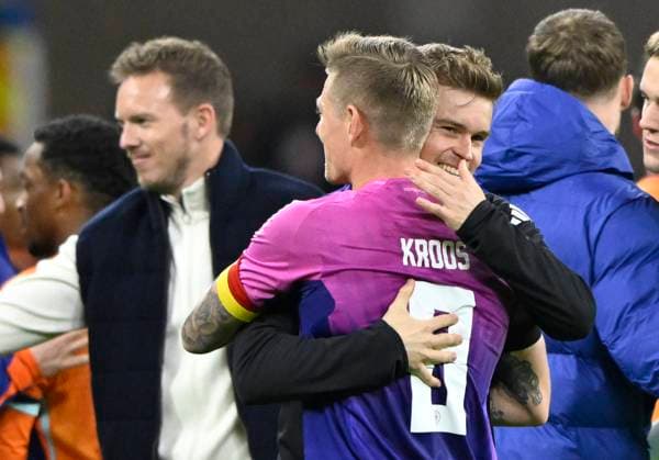 nach Spielende: Schlussjubel, Freude, Glueck, Jubel Maximilian Mittelstaedt GER Toni Kroos GER Bundestrainer Trainer Coach Julian Nagelsmann GER DFB Laenderspiel Deutschland GER vs Niederlande NeD 26.03.2024 DFL REGULATIONS PROHIBIT ANY USE OF PHOTOGRAPHS AS IMAGE SEQUENCES AND OR QUASI-VIDEO Deutschland GER vs Niederlande NED