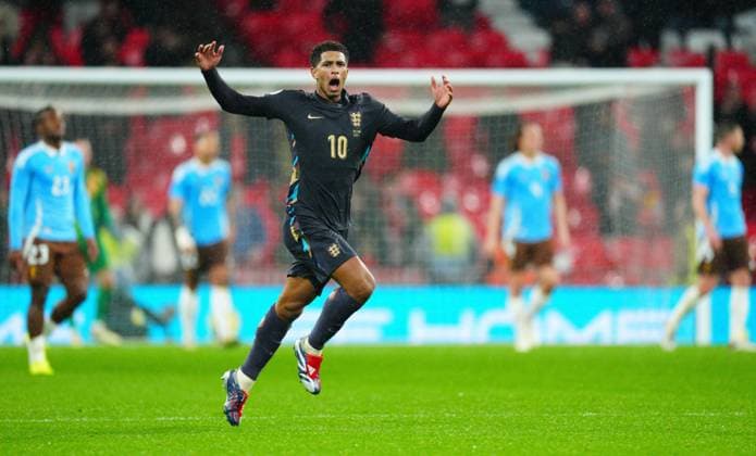 Jude Bellingham of England celebrates scoring a goal after making it 2-2 England v Belgium, International Friendly, Länderspiel, Nationalmannschaft Football, Wembley Stadium, London, UK - 26 Mar 2024 EDITORIAL USE ONLY No use with unauthorised audio, video, data, fixture lists, club league logos or live services. Online in-match use limited to 120 images, no video emulation. No use in betting, games or single club league player publications.  Copyright: xJavierxGarcia Shutterstockx 14400427dy