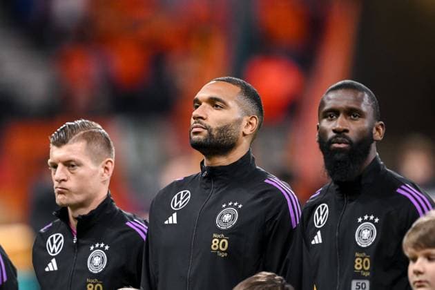 26.03.2024, Frankfurt, Germany, Deutscher Bank Park, Deutschland vs Niederlande - International Friendly, Länderspiel, Nationalmannschaft Toni Kroos (Germany), Jonathan Tah (Germany) und Antonio Ruediger (Germany) Schauen (Foto H. Langer) Frankfurt Deutscher Bank Park Germany