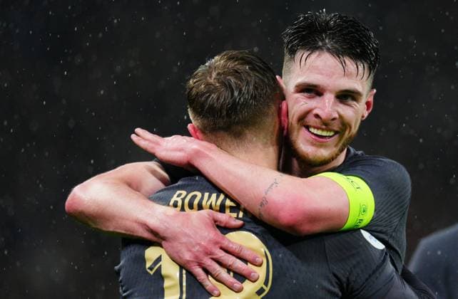 Declan Rice of England celebrates with Jarrod Bowen before Bowen s goal was disallowed by VAR England v Belgium, International Friendly, Länderspiel, Nationalmannschaft Football, Wembley Stadium, London, UK - 26 Mar 2024 EDITORIAL USE ONLY No use with unauthorised audio, video, data, fixture lists, club league logos or live services. Online in-match use limited to 120 images, no video emulation. No use in betting, games or single club league player publications.  Copyright: xJavierxGarcia Shutterstockx 14400427iv