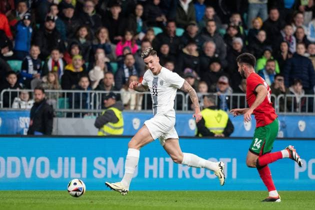 Slovenia v Portugal - International Friendly, Länderspiel, Nationalmannschaft in Ljubljana, Slovenia - 26 Mar 2024 Benjamin Sesko (L) of Slovenia and Goncalo Inacio (R) of Portugal in action during international friendly match between Slovenia and Portugal at Stozice Stadium. Final result Slovenia 2:0 Portugal. Ljubljana Slovenia Copyright: xMilosxVujinovicx xSOPAxImagesx 20240326milos018