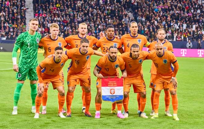 Teamphoto NL: Bart Verbruggen, NL 1 Jerdy Schouten, NL 6 Matthijs DE LIGT, NL 3 Denzel DUMFRIES, NL 22 Virgil VAN DIJK, NL 4 Daley BLIND, NL 17 Tijani Reijnders, NL 14 Joey Veerman, NL 16 Memphis DEPAY, NL 10 Nathan Ake, NL 5 Donyell Malen, NL 18 in the friendly match GERMANY - NETHERLANDS 2-1 DEUTSCHLAND - NIEDERLANDE 2-1 in preparation for European Championships 2024 on Mar 26, 2024 in Frankfurt, Germany.