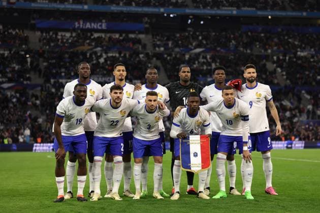 Marseille, , 26th March 2024. The France starting eleven line up for a team photo prior to kick off, back row ( L to R ); Ibrahima Konate, William Saliba, Randal Kolo Muani, Mike Maignan, Aurelien Tchouameni and Olivier Giroud, front row ( L to R ); Youssouf Fofana, Theo Hernandez, Jonathan Clauss, Eduardo Camavinga and Kylian Mbappe, in the International Friendly, Länderspiel, Nationalmannschaft match at Orange VÃ lodrome, Marseille. Picture credit should read: Jonathan Moscrop Sportimage EDITORIAL USE ONLY. No use with unauthorised audio, video, data, fixture lists, club league logos or live services. Online in-match use limited to 120 images, no video emulation. No use in betting, games or single club league player publications. SPI-3031-0126