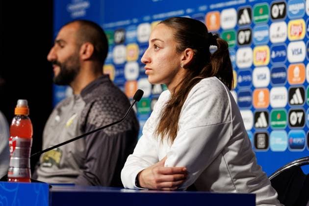 240327 Rusul Rosa Kafaji of Häcken at a press conference, PK, Pressekonferenz ahead of a training session with Häcken on March 27, 2024 in Paris. Photo: Michael Erichsen BILDBYRAN COP 89 MI0633 fotboll football soccer fotball champions league träning practice training häcken dam bbeng Copyright: MICHAELxERICHSEN BB240327MI026