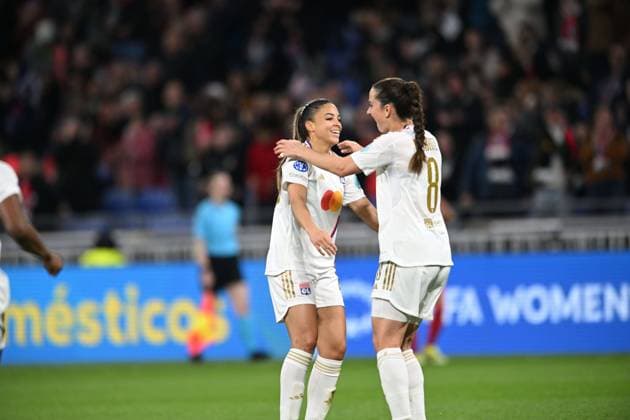 Joie de Delphine Cascarino et de ses coÃ quipieres (lyon) FOOTBALL: Olympique Lyonnais FÂŽminines vs Benfica Lisbonne - 1 4 de finale Ligue des Champions FÂŽminine - 27 03 2024 FredericChambert Panoramic 