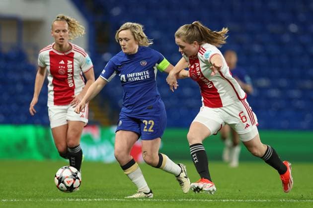 London, England, 27th March 2024. Erin Cuthbert of Chelsea and Jonna van de Velde of Ajax challenge for the ball during the UEFA Womens Champions League match at Stamford Bridge, London. Picture credit should read: Paul Terry Sportimage EDITORIAL USE ONLY. No use with unauthorised audio, video, data, fixture lists, club league logos or live services. Online in-match use limited to 120 images, no video emulation. No use in betting, games or single club league player publications. SPI-3048-0006