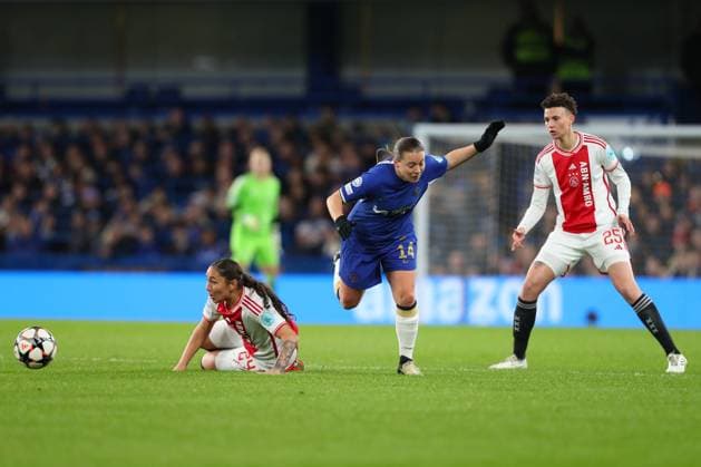 27th March 2024; Stamford Bridge, London, England: UEFA Womens Champions League Football, Chelsea versus Ajax; Fran Kirby of Chelsea is tackled by Daliyah de Klonia of Ajax while Kay-Lee de Sanders of Ajax watches  ActionPlus12622327 KatiexChan