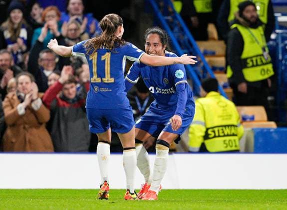 Mayra Ramirez of Chelsea celebrates scoring opening goal with Guro Reiten 1-0 Chelsea Women v Ajax Women, UEFA Women s CHampions League, Quarter-final, Second Leg, Football, Stamford Bridge, London, UK - 27 Mar 2024  Copyright: xDavexShopland Shutterstockx 14400429y