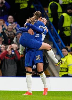 Mayra Ramirez of Chelsea celebrates scoring opening goal with Guro Reiten 1-0 Chelsea Women v Ajax Women, UEFA Women s CHampions League, Quarter-final, Second Leg, Football, Stamford Bridge, London, UK - 27 Mar 2024  Copyright: xDavexShopland Shutterstockx 14400429v