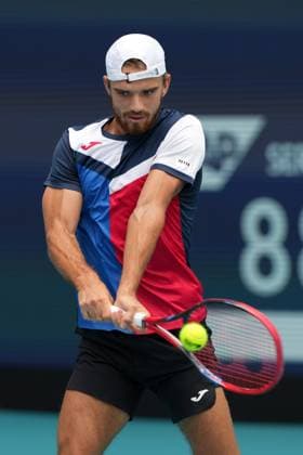 MIAMI GARDENS, FL - MARCH 27: Tomas Machac (CZE) in action at the Miami Open on March 27, 2024, at Hard Rock Stadium in Miami Gardens, FL. (Photo by Andrew Patron Icon Sportswire) TENNIS: MAR 27 Miami Open EDITORIAL USE ONLY Icon2403270531