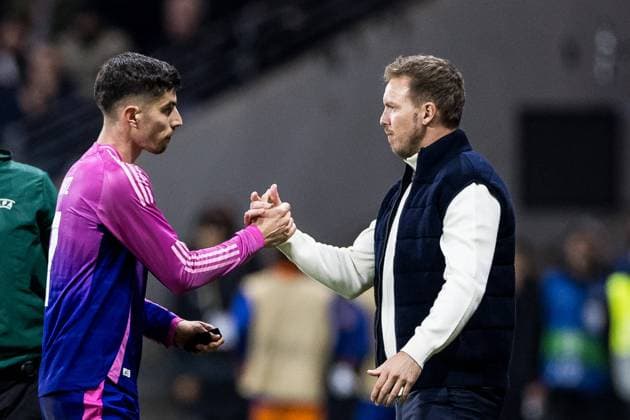 UEFA Freundschaftsspiel: Deutschland - Niederlande; 26.03.2024 Kai Havertz (Deutschland, 7) und Julian Nagelsmann (Trainer Deutschland) klatschen bei Auswechslung ab UEFA Freundschaftsspiel: Deutschland - Niederlande, Frankfurt, Deutsche Bank Park am 26.03.2024 Copyright: xBEAUTIFULxSPORTS Wunderlx