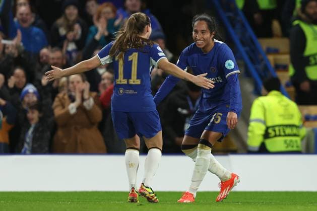 London, England, 27th March 2024. Mayra Ramirez (R) of Chelsea celebrates with Guro Reiten after scoring to make it 1-0 during the UEFA Womens Champions League match at Stamford Bridge, London. Picture credit should read: Paul Terry Sportimage EDITORIAL USE ONLY. No use with unauthorised audio, video, data, fixture lists, club league logos or live services. Online in-match use limited to 120 images, no video emulation. No use in betting, games or single club league player publications. SPI-3048-0019