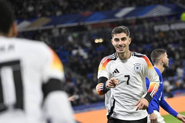 23.03.2024, xjrdrx, Fussball Länderspiel, Frankreich - Deutschland emspor, v.l. Kai Havertz (Deutsche Fussball Nationalmannschaft DFB), Jamal Musiala (Deutsche Fussball Nationalmannschaft DFB) celebrate the goal, Der Torjubel zum 0:2 (DFL DFB REGULATIONS PROHIBIT ANY USE OF PHOTOGRAPHS as IMAGE SEQUENCES and or QUASI-VIDEO) Lyon