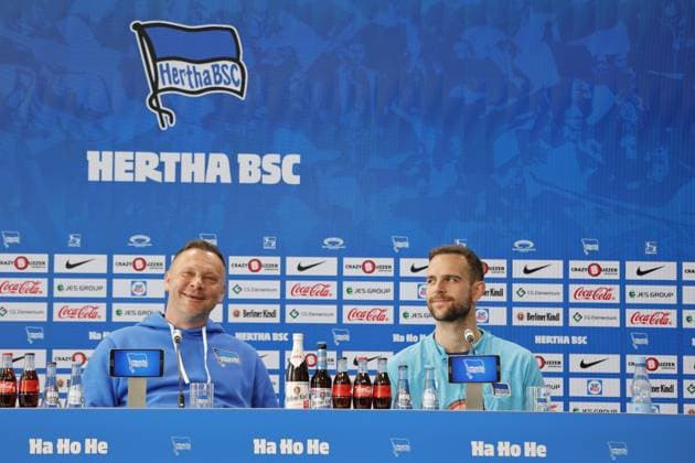 Cheftrainer Pál Dárdai,Torhüter Marius Gersbeck, Deutschland, Berlin, Sportpark, GER, 2.FBL, Hertha BSC, Saison 2023 24, Pressekonferenz vor dem Heimspiel gegen den 1. FC Nürnberg