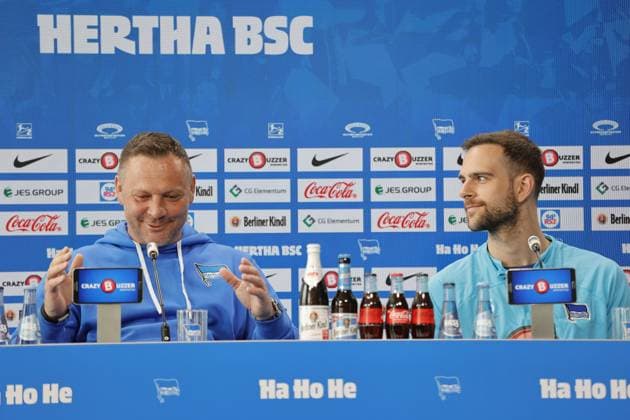 Cheftrainer Pál Dárdai,Torhüter Marius Gersbeck, Deutschland, Berlin, Sportpark, GER, 2.FBL, Hertha BSC, Saison 2023 24, Pressekonferenz vor dem Heimspiel gegen den 1. FC Nürnberg