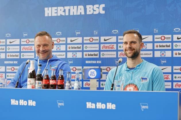 Cheftrainer Pál Dárdai,Torhüter Marius Gersbeck, Deutschland, Berlin, Sportpark, GER, 2.FBL, Hertha BSC, Saison 2023 24, Pressekonferenz vor dem Heimspiel gegen den 1. FC Nürnberg