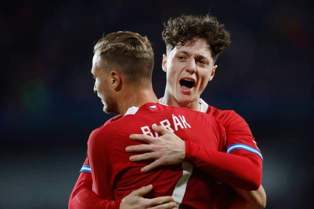 L-R Antonin Barak and Ladislav Krejci II (CZE) celebrate a goal during the friendly soccer match Czechia vs Armenia in Prague, Czech Republic, March 26, 2024. (CTKxPhoto PavelxLebeda) CTKPhotoF202403280007901  CTKPhotoF202403280007901