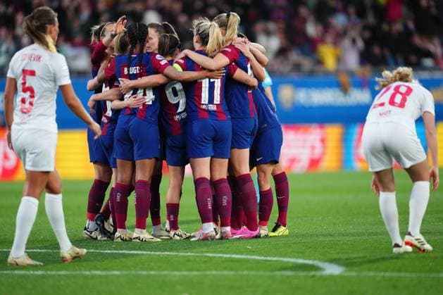 ESP: FC Barcelona, Barca v SK Brann Kvinner. UEFA Champions League match. Quarter Finals Aitana Bonmati of FC Barcelona celebrates with his teammates after scoring the 1-0during the UEFA Women™s Champions League match, Quarter Finals, second leg, between FC Barcelona and SK Brann Kvinner played at Johan Cruyff Stadium on March 28, 2024 in Barcelona Spain. kpng Copyright: xBaguxBlancox xPRESSINPHOTOx PS_240328013