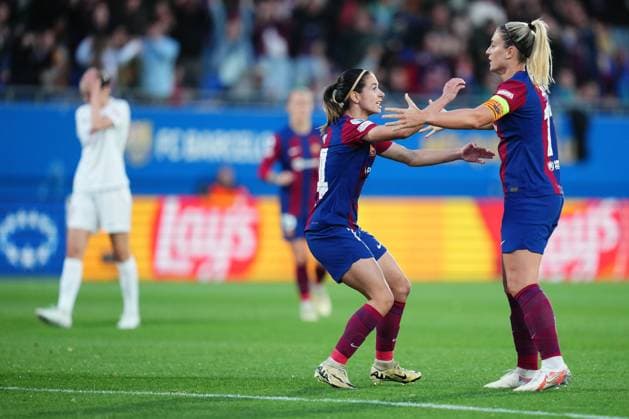Fußball, CL Frauen, FC Barcelona - Brann Bergen Aitana Bonmati of FC Barcelona, Barca celebrates with his teammate Alexia Putellas after scoring the 1-0 FC Barcelona v SK Brann Kvinner. UEFA Women s Champions League match. Quarter Finals, second leg, Football, Johan Cruyff Stadium, Barcelona, Spain - 28 March 2024 Editorial use only  Copyright: xBaguxBlanco Shutterstockx 14410928s