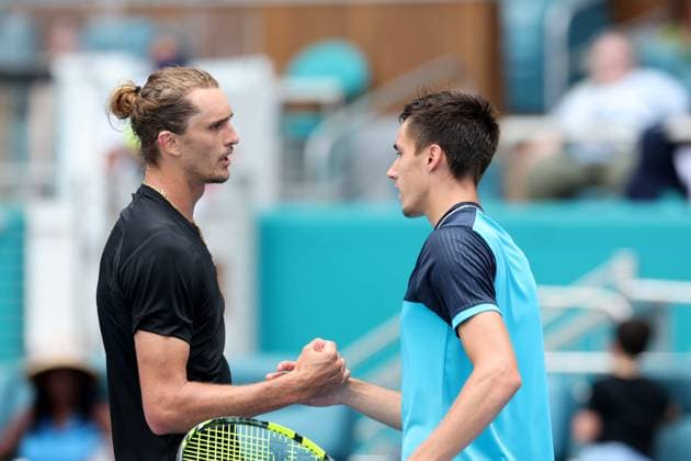 March 28, 2024, Miami Gardens, Florida, United States Of America: MIAMI GARDENS, FLORIDA - MARCH 28: Alexander Zverev of Germany defeats Fabian Marozsan of Hungary on Day 13 of the Miami Open at Hard Rock Stadium on March 28, 2024 in Miami Gardens, Florida....People: Alexander Zverev, Fabian Marozsan Miami Gardens United States Of America - ZUMAs214 20240328_ada_s214_033 Copyright: xSMGx