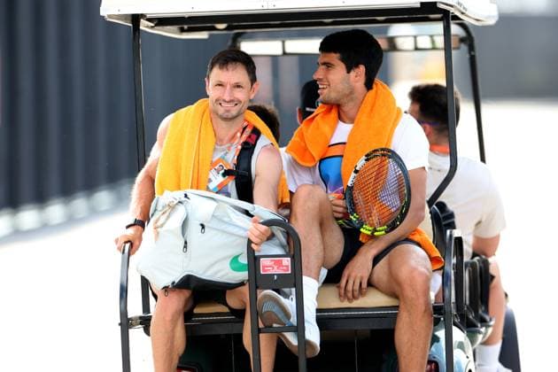March 28, 2024, Miami Gardens, Florida, United States Of America: MIAMI GARDENS, FLORIDA - MARCH 28: Carlos Alcaraz on a practice court on Day 13 of the Miami Open at Hard Rock Stadium on March 28, 2024 in Miami Gardens, Florida....People: Carlos Alcaraz Miami Gardens United States Of America - ZUMAs214 20240328_ada_s214_053 Copyright: xSMGx