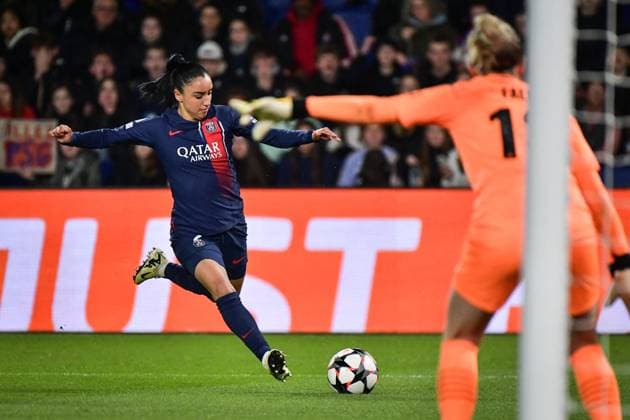 Women?s Champions League - PSG v BK Hacken Paris Saint-Germain s defender Sakina Karchaoui kicks the ball during the Women s UEFA Champions League football match between Paris Saint-Germain and BK Hacken at the Parc des Princes stadium in Paris, France on March 28, 2024. Photo by Firas Abdullah ABACAPRESS.COM Paris France  Copyright: xAbdullahxFiras ABACAx