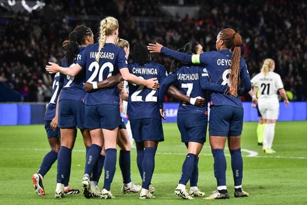 Women?s Champions League - PSG v BK Hacken Paris Saint-Germain s players celebrate scoring a goal during the Women s UEFA Champions League football match between Paris Saint-Germain and BK Hacken at the Parc des Princes stadium in Paris, France on March 28, 2024. Photo by Firas Abdullah ABACAPRESS.COM Paris France  Copyright: xAbdullahxFiras ABACAx