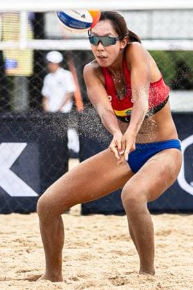 (240329) -- SAQUAREMA, March 29, 2024 -- Dong Jie of China competes during the women s Preliminary Phase of Qualification between Wang Jingzhe Dong Jie of China and Helland-Hansen Steinsvag of Norway at the World Beach volleyball, Beachvolleyball Pro Tour Challenge 2024 in Saquarema, Brazil, March 28, 2024. (Photo by Xinhua) (SP)BRAZIL-SAQUAREMA-BEACH VOLLEYBALL-WORLD PRO TOUR CHALLENGE 2024 ClaudiaxMartini 