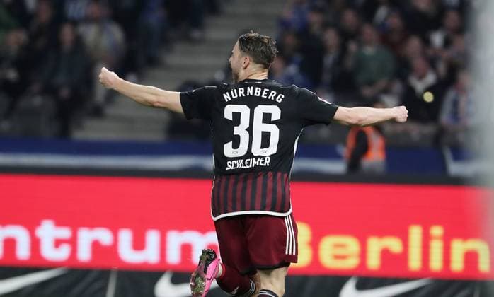 Lukas Schleimer jubelt nach 0:2 Freude Emotion Jubel Fußball Fussball DFL 2.Bundesliga Herren 27.Spieltag Saison 2023 2024 30.03.2024 Hertha BSC Berlin vs. 1.FC Nürnberg FCN DFL regulations prohibit any use of photographs as image sequences and or quasi-video