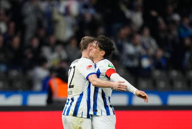 Germany, Berlin, 30.03.2024, Olympic Stadium, Hertha BSC vs 1.FC Nürnberg - 2. Bundesliga, Marten Winkler (Hertha Berlin) celebrates the teams first goal Berlin Olympic Stadium Berlin Germany