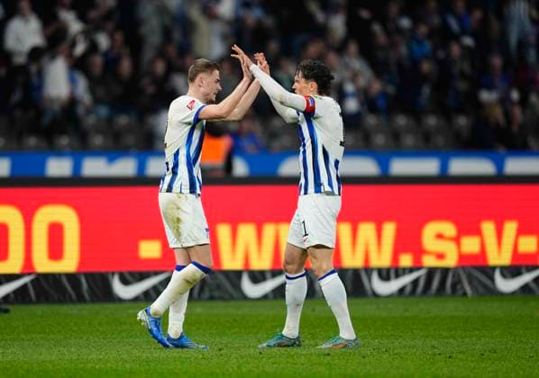 Germany, Berlin, 30.03.2024, Olympic Stadium, Hertha BSC vs 1.FC Nürnberg - 2. Bundesliga, Marten Winkler (Hertha Berlin) celebrates the teams first goal Berlin Olympic Stadium Berlin Germany