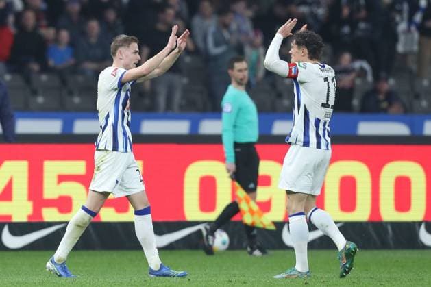 30.03.2024, xtgx, Fussball - 2.Bundesliga, Hertha BSC Berlin - 1.FC Nuernberg emspor, v.l. Marten Winkler (Hertha, 22), Fabian Reese (Hertha, 11) Jubel, Torjubel, jubelt ueber das Tor, celebrate the goal, celebration (DFL DFB REGULATIONS PROHIBIT ANY USE OF PHOTOGRAPHS as IMAGE SEQUENCES and or QUASI-VIDEO) Berlin