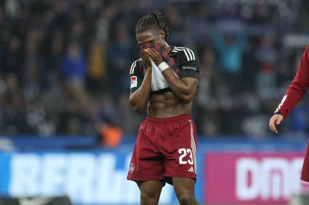 30.03.2024, xtgx, Fussball - 2.Bundesliga, Hertha BSC Berlin - 1.FC Nuernberg emspor, v.l. Joseph Hungbo (Nuernberg, 23) enttaeuscht, schaut enttaeuscht, niedergeschlagen, disappointed (DFL DFB REGULATIONS PROHIBIT ANY USE OF PHOTOGRAPHS as IMAGE SEQUENCES and or QUASI-VIDEO) Berlin