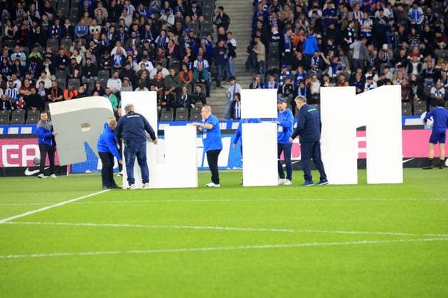 DEU, DFL, 2. FBL, Hertha BSC vs. 1.FC Nuernberg, 30.03.2024, Berliner Olympiastadion, Berlin, DEU, DFL, 2. FBL, Hertha BSC vs. 1.FC Nuernberg, im Bild Berlin Schriftzug DFL - regulations prohibit any use of Photographs as image sequences and or quasi-video Foto: Juergen Engler nordphoto GmbH