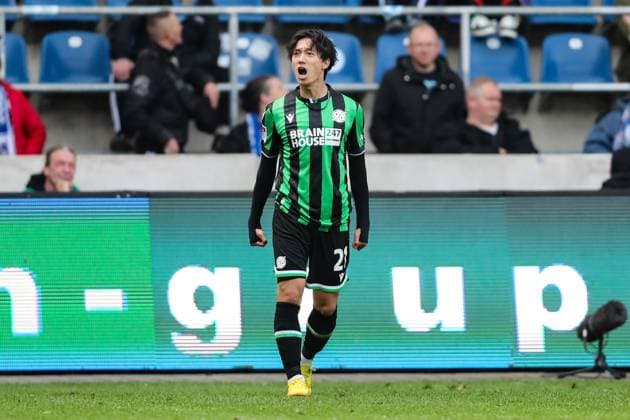 Torjubel - Torschütze Sei Muroya (Hannover 96,21) trifft zum 0-2 - 2. Fußball Bundesliga Saison 2023-2024 1. FC Magdeburg vs. Hannover 96 in der MDCC Arena in Magdeburg - Freisteller,Aktion,Fußball,Mann,Männer,Deutschland,31.03.2024