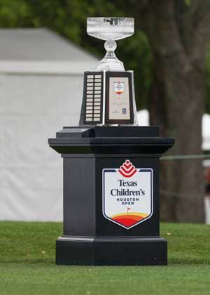 HOUSTON, TX - MARCH 31: Tournament trophy rests on a pedestal at 1 tee during the final round of the PGA, Golf Herren Texas Children™s Houston Open at Memorial Park Golf Course on March 31, 2024 in Houston, Texas. (Photo by Leslie Plaza Johnson Icon Sportswire) GOLF: MAR 31 PGA Texas Children s Houston Open EDITORIAL USE ONLY Icon240331002