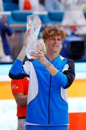 March 31, 2024, Miami, Florida, USA: Jannik Sinner (Italy) holds the championship trophy after defeating Grigor Dimitrov (Bulgaria) in the finals of the MenÃ¢â‚¬â ¢s Singles at the Miami Open tennis tournament. Sinner won the match 6-3, 6-1. Miami USA - ZUMAd212 20240331_zsp_d212_039 Copyright: xRichardxDolex