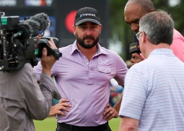 HOUSTON, TX - MARCH 31: Stephan Jaeger (GER) is interviewed after winning the tournament during the final round of the PGA, Golf Herren Texas Children™s Houston Open at Memorial Park Golf Course on March 31, 2024 in Houston, Texas. (Photo by Leslie Plaza Johnson Icon Sportswire) GOLF: MAR 31 PGA Texas Children s Houston Open EDITORIAL USE ONLY Icon240331151