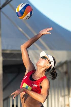 (240401) -- SAQUAREMA, April 1, 2024 -- Xue Chen spikes during the women s final between Xue Chen Xia Xinyi of China and Laura Ludwig Louisa Lippmann of Germany at the World Beach volleyball, Beachvolleyball Pro Tour Challenge 2024 in Saquarema, Brazil, March 31, 2024. (Photo by Xinhua) (SP)BRAZIL-SAQUAREMA-BEACH VOLLEYBALL-WORLD PRO TOUR CHALLENGE 2024 ClaudiaxMartini 