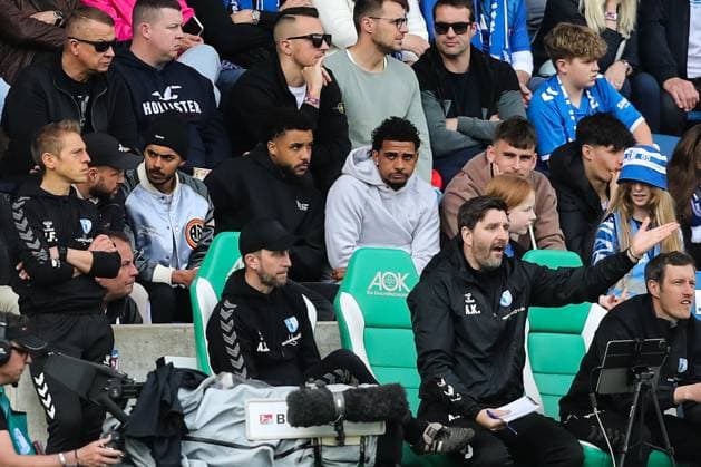 v.l. Luc Castaignos (1. FC Magdeburg,9), Tarek Chahed (1. FC Magdeburg,34), Leon Bell Bell (1. FC Magdeburg,19), Xavier Amaechi (1. FC Magdeburg,20), Torwart Julian Pollersbeck (1. FC Magdeburg,42), Co-Trainer Andreas Schumacher (1. FC Magdeburg), Co-Trainer Andre Kilian (1. FC Magdeburg) - 2. Fußball Bundesliga Saison 2023-2024 1. FC Magdeburg vs. Hannover 96 in der MDCC Arena in Magdeburg - Fußball,Mann,Männer,Deutschland,31.03.2024