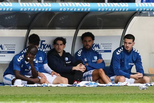 v.l. Amara Conde (1. FC Magdeburg,29), Jason Ceka (1. FC Magdeburg,10), Herbert Bockhorn (1. FC Magdeburg,7), Andi Hoti (1. FC Magdeburg,3) - 2. Fußball Bundesliga Saison 2023-2024 1. FC Magdeburg vs. Hannover 96 in der MDCC Arena in Magdeburg - Fußball,Mann,Männer,Deutschland,31.03.2024