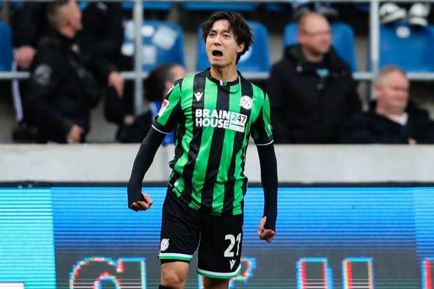 Torjubel - Torschütze Sei Muroya (Hannover 96,21) trifft zum 0-2 - 2. Fußball Bundesliga Saison 2023-2024 1. FC Magdeburg vs. Hannover 96 in der MDCC Arena in Magdeburg - Einzelbild, Aktion,Fußball,Mann,Männer,Deutschland,31.03.2024