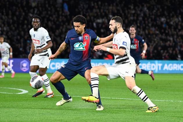 Marquinhos ( 5 - PSG ) and Amine GOUIRI ( 10 - Rennes ) during the French Cup match between Paris Saint Germain and Stade Rennais at Parc des Princes on April 03, 2024 in Paris, France. ( Photo by federico pestellini panoramic ) - FOOTBALL : PSG vs Rennes - Coupe de France - 03 04 2024 FedericoPestellini Panoramic 