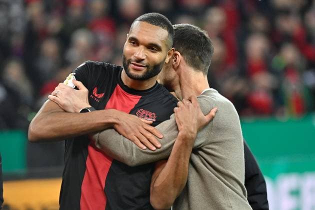 03.04.2024, xjrdrx, Fussball DFB Pokal 1 2 Finale, Bayer 04 Leverkusen - Fortuna Düsseldorf emspor, v.l. Jubel Freude über ueber den Sieg, den Einzug in das Pokalfinale in Berlin Bayer Leverkusen Jonathan Tah (Bayer Leverkusen) Trainer Xabi Alonso (Bayer Leverkusen) (DFL DFB REGULATIONS PROHIBIT ANY USE OF PHOTOGRAPHS as IMAGE SEQUENCES and or QUASI-VIDEO) Leverkusen