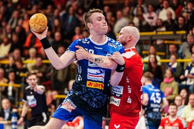 Ole Hagedorn (VfL Luebeck-Schwartau, 10), Maximilian Lux (HSG Nordhorn-Lingen, 10) GER, VfL Luebeck-Schwartau vs. HSG Nordhorn-Lingen, Handball, 2. Bundesliga, Spieltag 27, Saison 2023 2024, 05.04.2024 GER, VfL Luebeck-Schwartau vs. HSG Nordhorn-Lingen, Handball, 2. Bundesliga, Spieltag 27, Saison 2023 2024, 05.04.2024 Luebeck