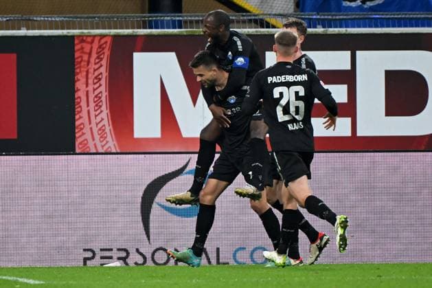 Paderborn, Home Deluxe Arena, 05.04.24, GER, Herren, 2.Bundesliga, Saison 2023-2024, SC Paderborn 07 - Hertha BSC Berlin Bild: Visar MUSLIU (Paderborn) jubelt nach seinem Tor zum 2:1 Only for editorial use! DFL regulations prohibit any use of photographs as image sequences and or quasi-video. NRW Deutschland
