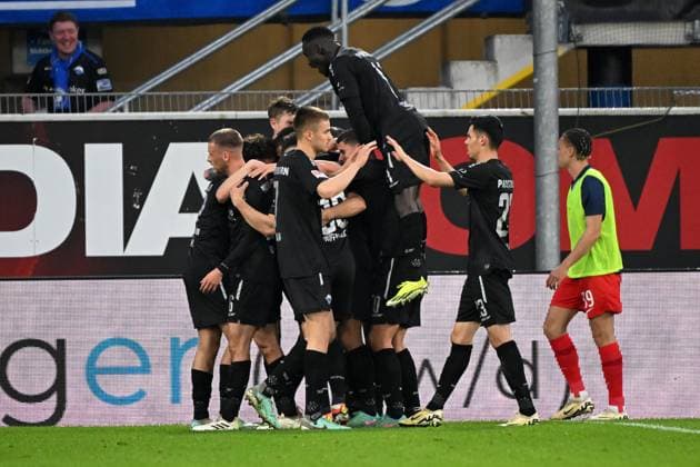 Paderborn, Home Deluxe Arena, 05.04.24, GER, Herren, 2.Bundesliga, Saison 2023-2024, SC Paderborn 07 - Hertha BSC Berlin Bild: Visar MUSLIU (Paderborn) jubelt nach seinem Tor zum 2:1 Only for editorial use! DFL regulations prohibit any use of photographs as image sequences and or quasi-video. NRW Deutschland