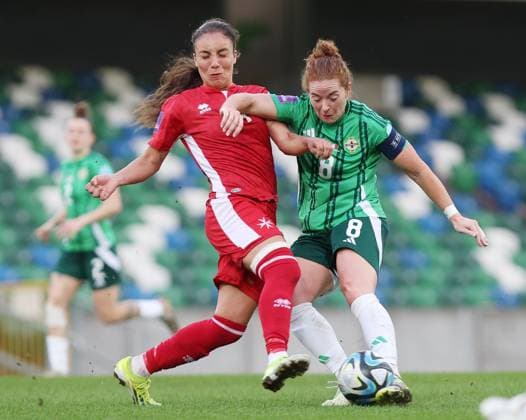 Sport Themen der Woche KW14 Sport Bilder des Tages 2025 UEFA European Women s Championship Qualifier Group B3, National Stadium, Windsor Park, Belfast 5 4 2024 Northern Ireland vs Malta Northern Ireland™s Marissa Callaghan with Malta™s Haley Bugeja Marissa Callaghan with Haley Bugeja 5 4 2024  Copyright: x INPHO Presseye JonathanxPorterx 050424JP1IFA019